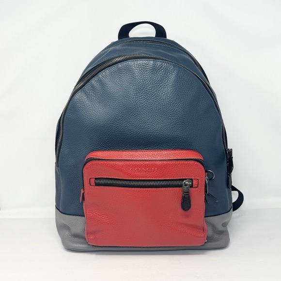 Coach F83281 West Backpack Pebbled Leather Colorblock Blue Red Gray Unisex Rare - Picture 1 of 16